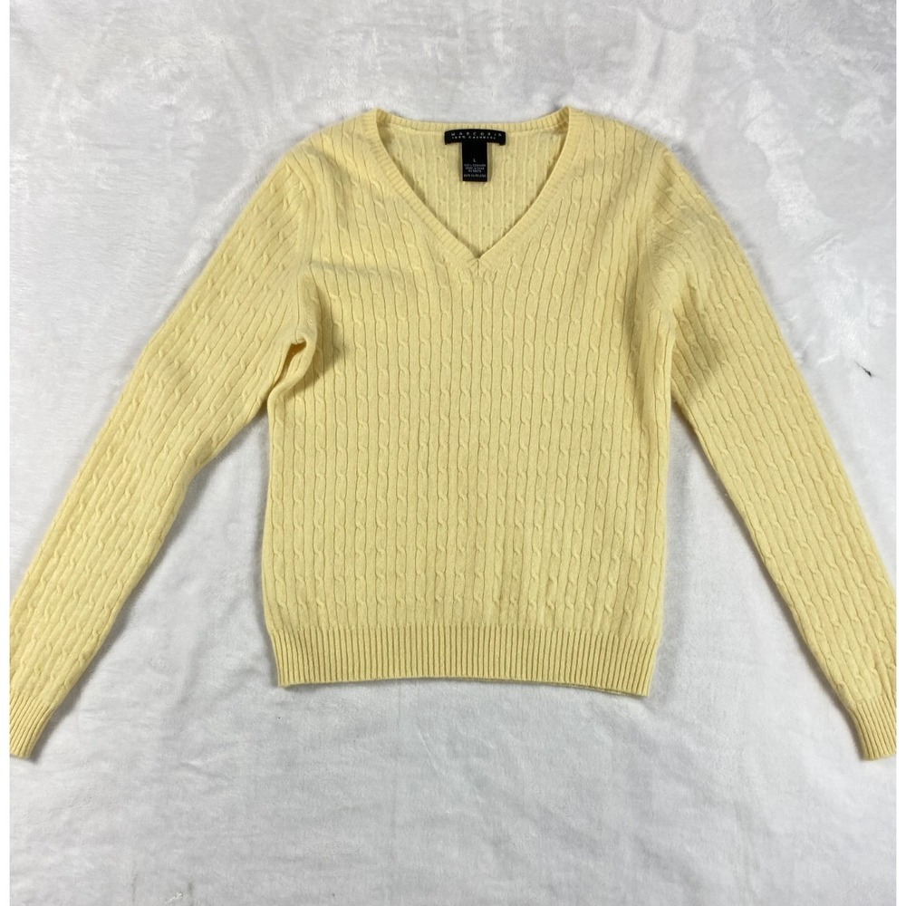 Marconi 100% Cashmere‎ Knit Sweater Women Sz L Pastel Yellow Cables Old Money